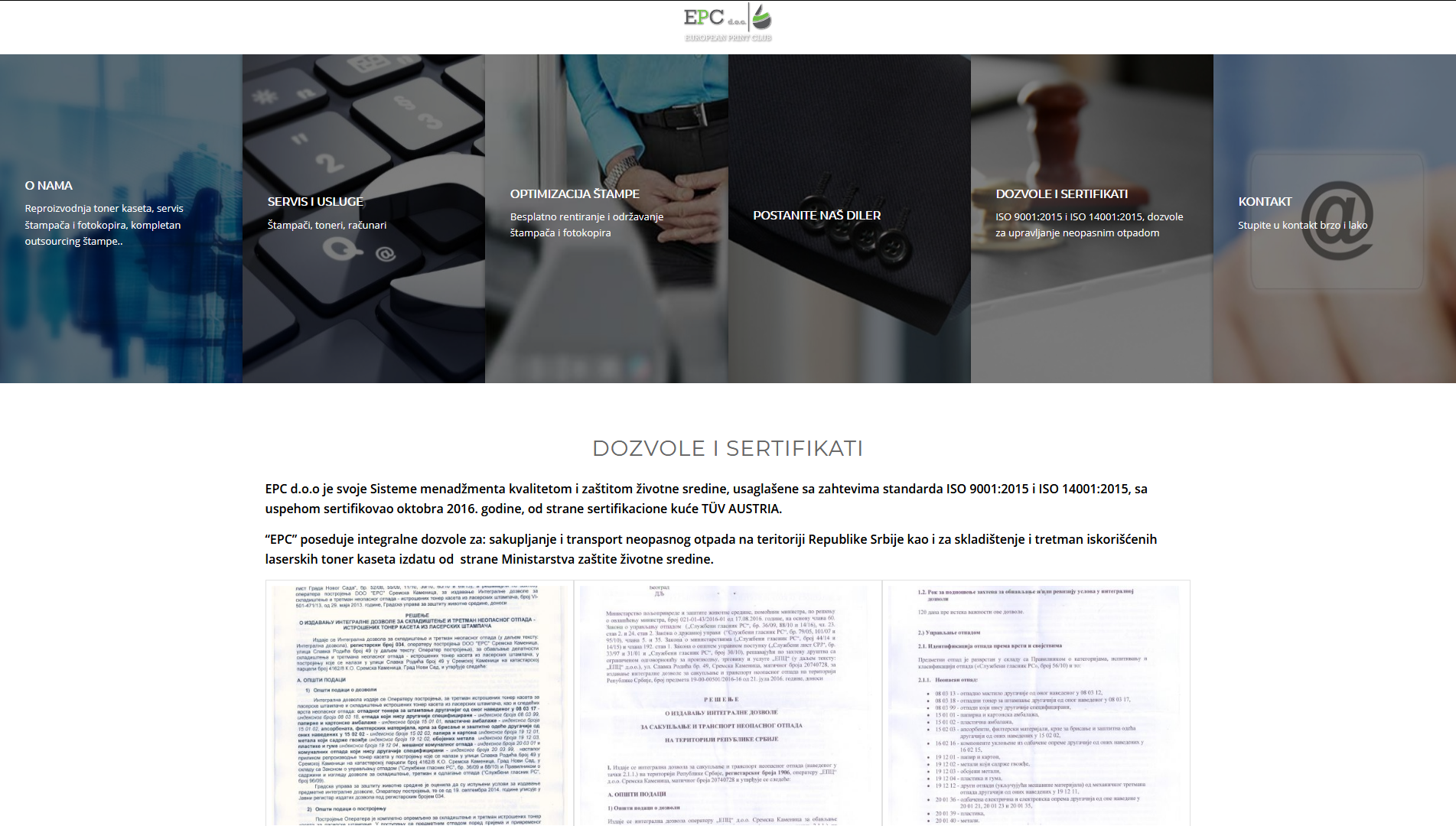 EPC doo Reproizvodnja toner kaseta za sve laserske štampače, servis i prodaja štampača - Dozvole i sertifikati