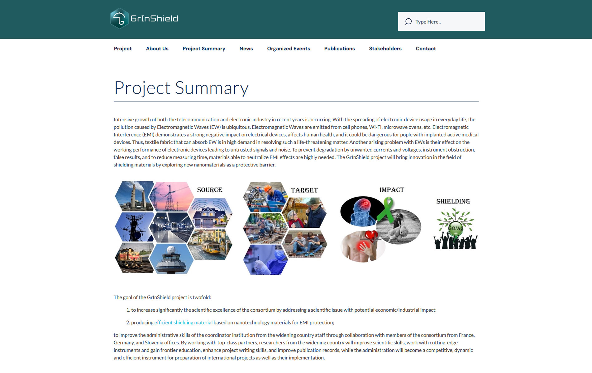 GrInShield project summary page header with a hexagon collage and a large 'Project Summary' title explaining shielding and energy themes.