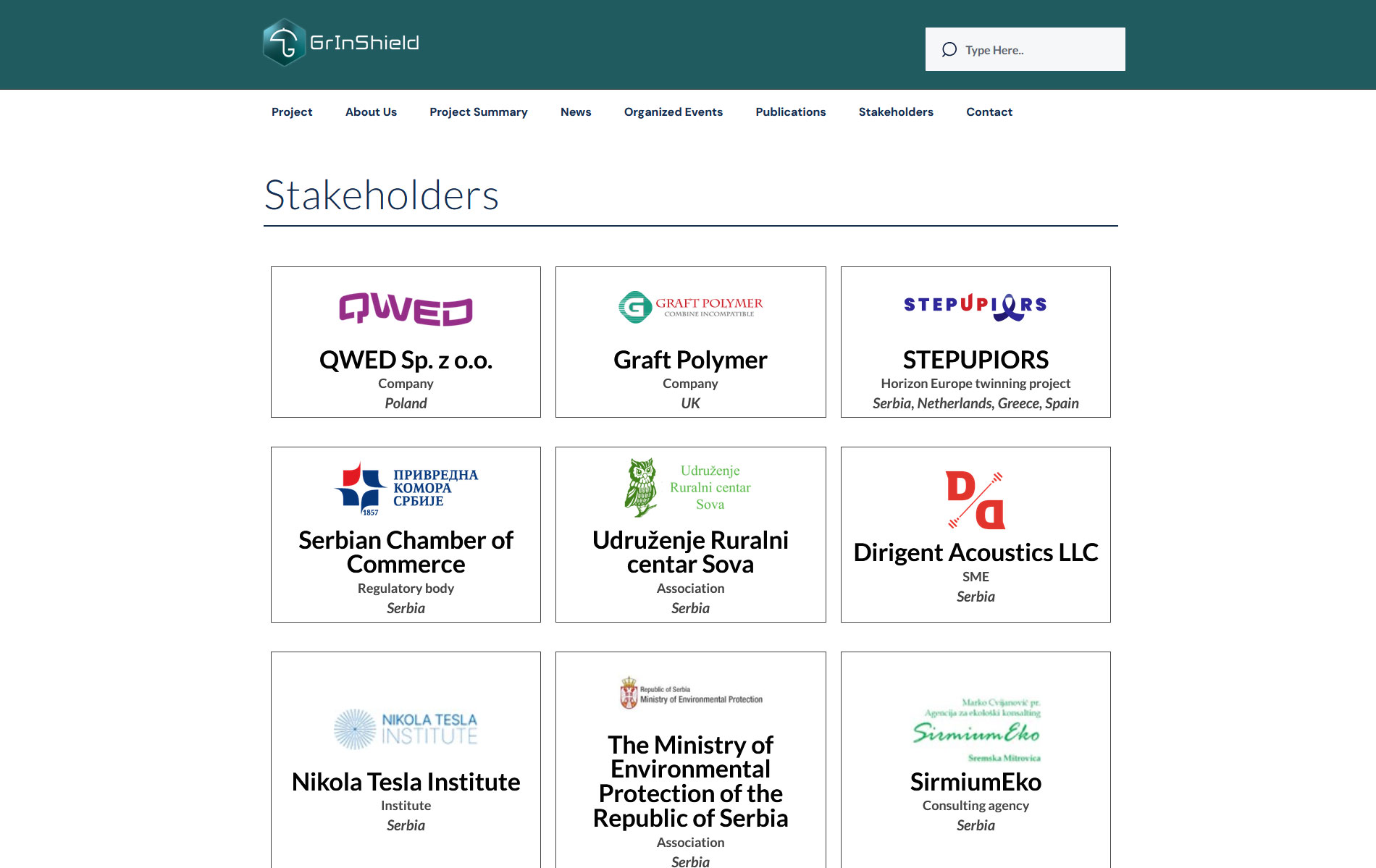 Grid of stakeholder logos with organization names and countries under the Stakeholders section.