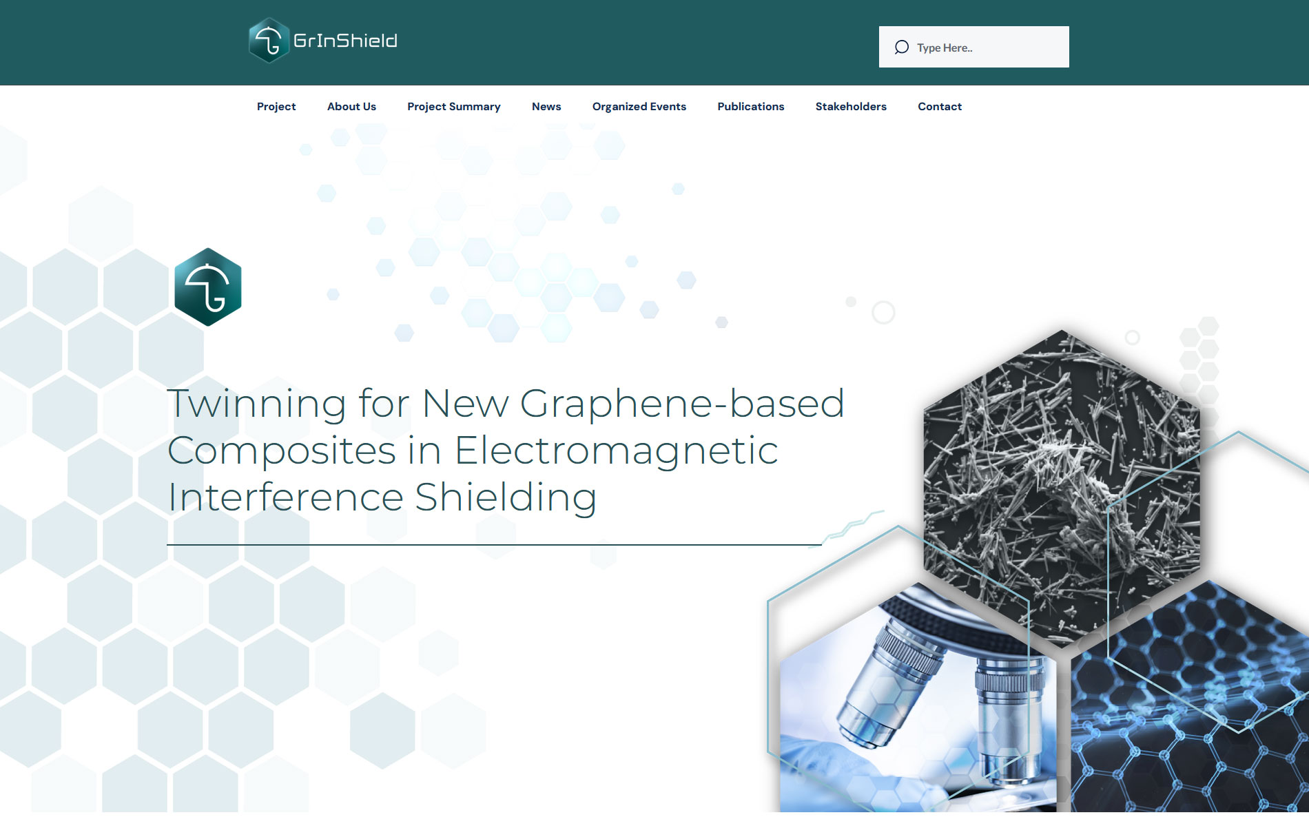 GrinShield hero header with logo, hexagon motif, and the project title about graphene-based EMI shielding.