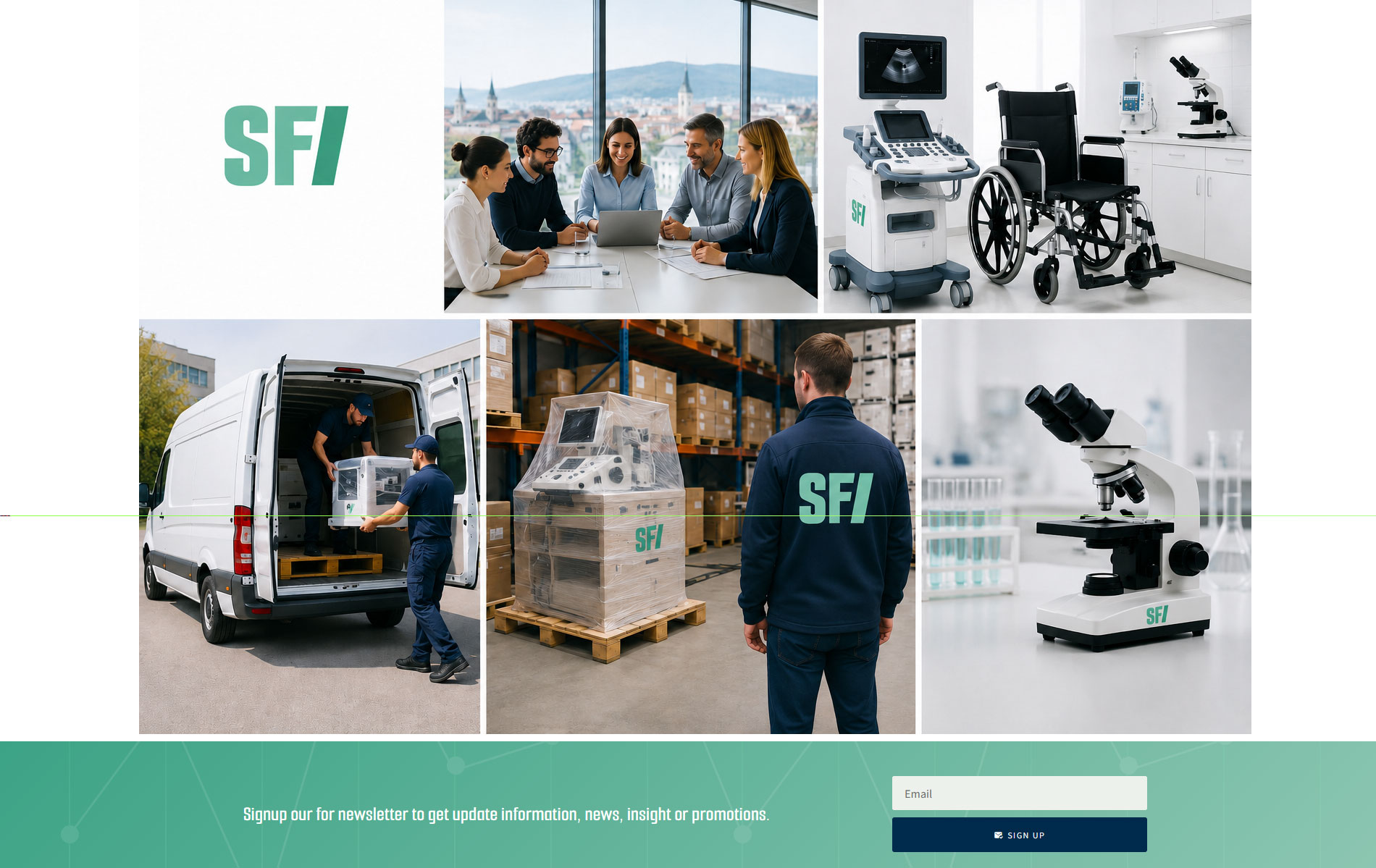 Group of professionals in a meeting around a table with laptops, logo and medical equipment visible in collage. (SFI branding)
