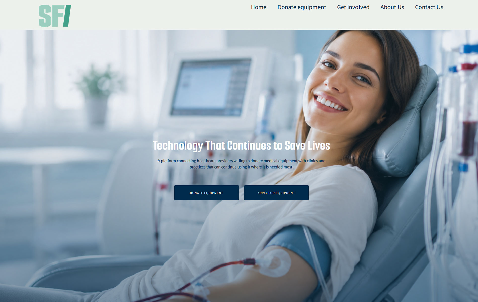 Smiling woman donating blood in a clinical chair with tubes connected, front-and-center in a medical facility.