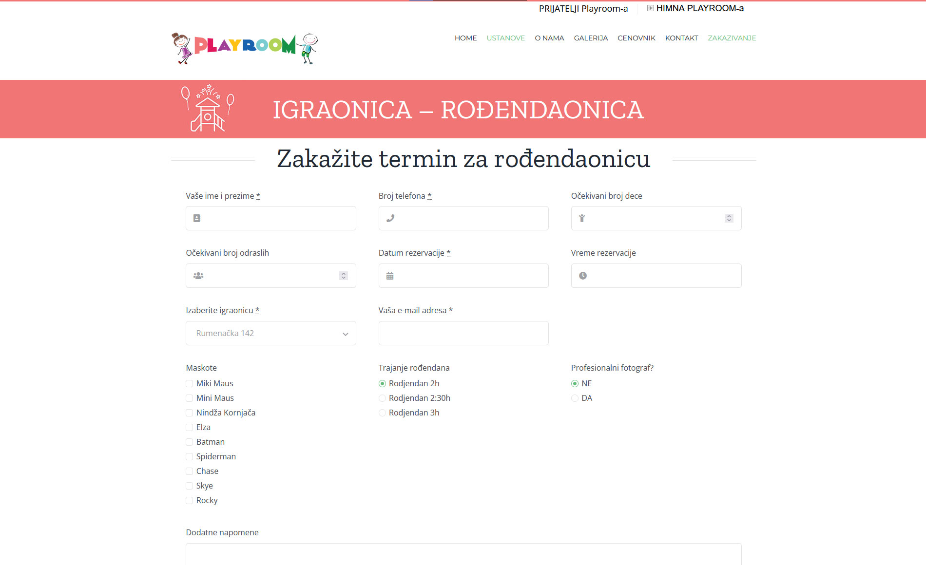 Playroom zakazivanje termina